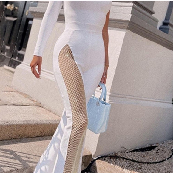 Wide Leg jumpsuit for Women One off the Shoulder Mesh See Through Skinny Legging - Picture 2 of 4